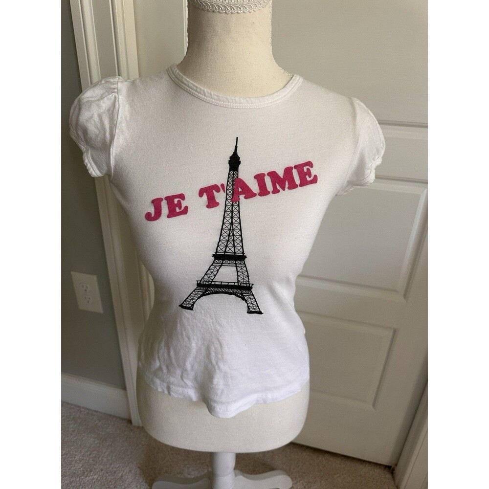 Vintage 2004 French Kitty by Mighty Fine Je T'aime Eiffel Tower Baby Tee White M
